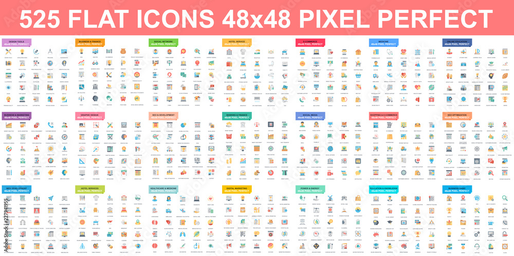 Simple set of vector flat icons. Contains such Icons as Business, Marketing, Shopping, Banking, E-commerce, Technology, Social Media, Education, Web Development, and more. Flat pictogram pack.