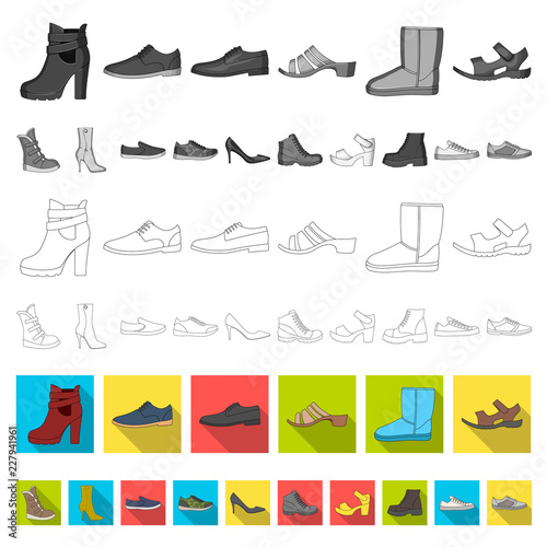 Different shoes flat icons in set collection for design. Men and women shoes vector symbol stock web illustration.