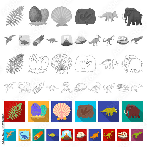 Different dinosaurs flat icons in set collection for design. Prehistoric animal vector symbol stock web illustration.