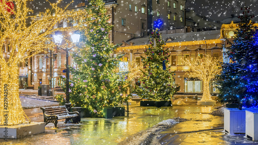 Christmas in Moscow. Festively decorated Kamergersky lane in Moscow