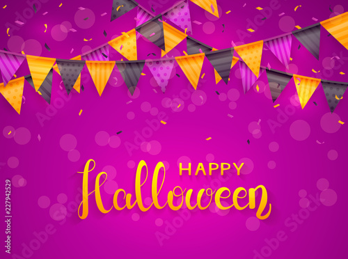 Happy Halloween with Pennants and Confetti on Purple Background