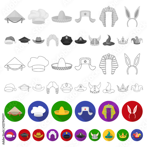 Different kinds of hats flat icons in set collection for design.Headdress vector symbol stock web illustration.