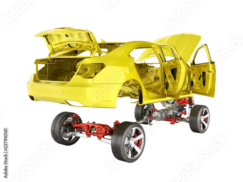 Body and suspension of the car with wheel and engine Undercarriage with bodycar in detail isolated on white background 3d without shadow photo