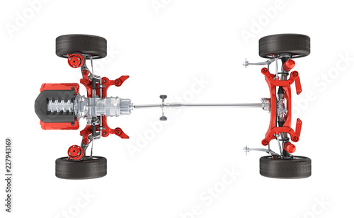 Suspension of the car with wheel and engine Undercarriage in detail top view isolated on white background 3d without shadow