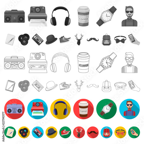 Style Hipster flat icons in set collection for design. Hipster Attributes and accessories vector symbol stock web illustration.
