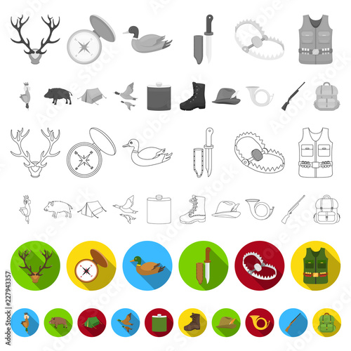 Hunting and trophy flat icons in set collection for design. Hunting and equipment vector symbol stock web illustration.