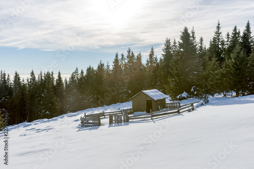 Weathered wooden shepherd hut on the mountain in winter © kelifamily
