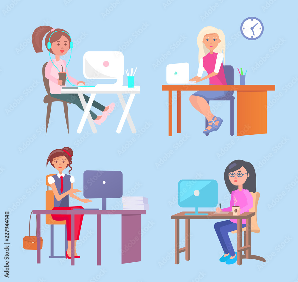 Lady Working by Wooden Tables Vector Illustration