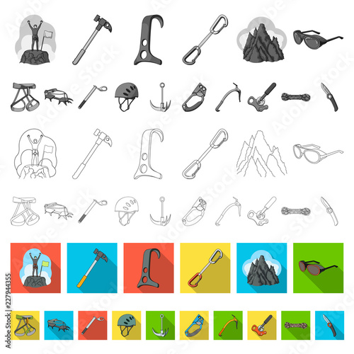 Mountaineering and climbing flat icons in set collection for design. Equipment and accessories vector symbol stock web illustration.