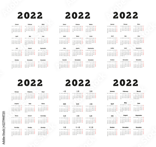 Set of 2022 year simple vertical calendars on different languages like english, german, russian, french, spanish and chinese on white