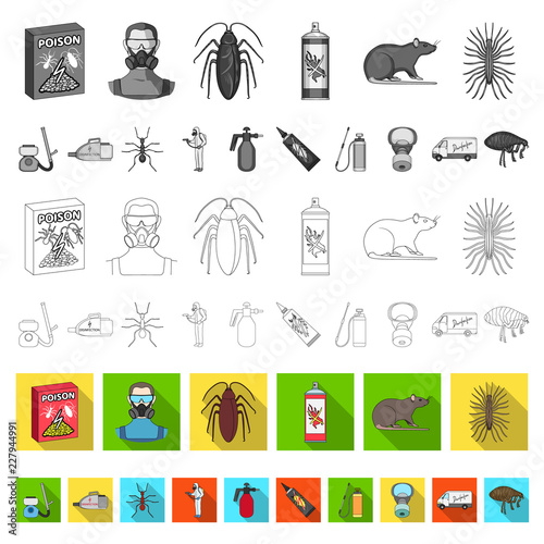 Pest, poison, personnel and equipment flat icons in set collection for design. Pest control service vector symbol stock web illustration.