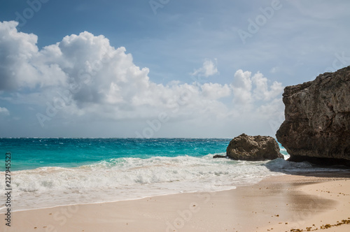 Rugged cliffs at Bottom Bay on the Atlantic south east coast of the Caribbean island of Barbados in the West Indies