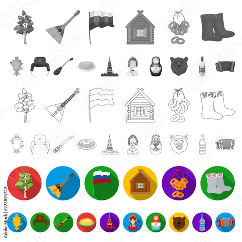 Country Russia, travel flat icons in set collection for design. Attractions and features vector symbol stock web illustration.