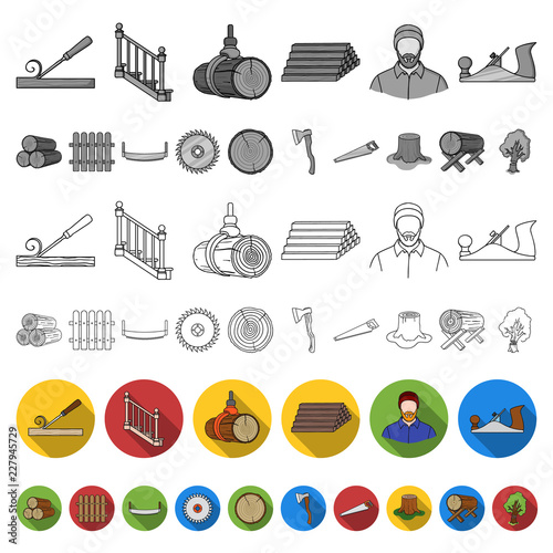 Sawmill and Timber flat icons in set collection for design. Hardware and Tools vector symbol stock web illustration. photo