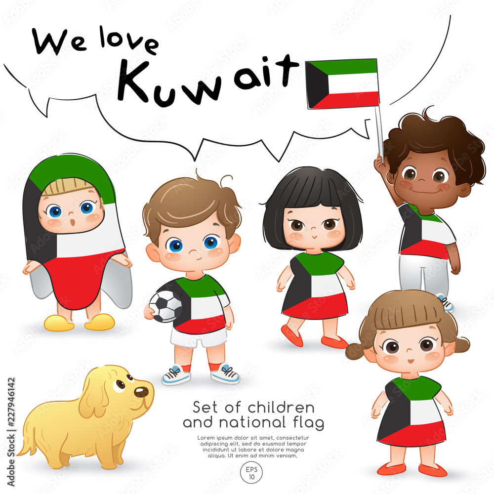 Kuwait : Boys and girls holding flag and wearing shirts with national flag print : Vector Illustration