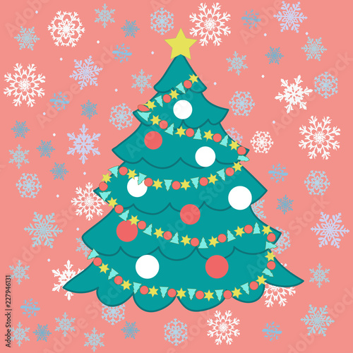 Pictures for advent calendar in green and pink colors. Image of Christmas tree on snowflakes background. Vector illustration EPS8