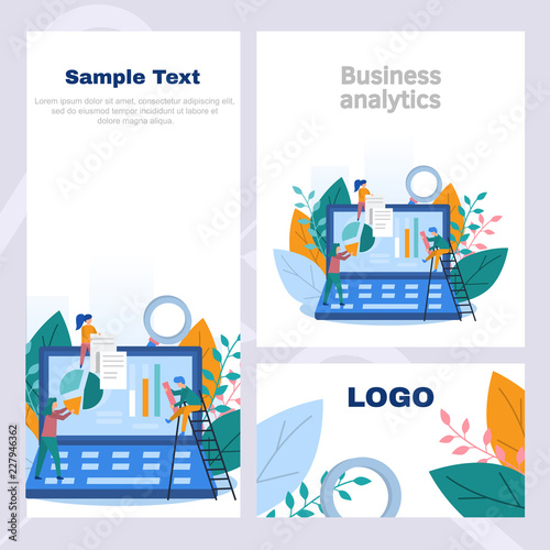 Concept corporate style flyer in business analytics, information gathering, data analysis, graphs and charts, team game, market research, online research. Color flat vector design