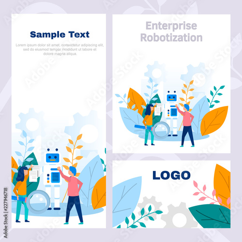 Concept corporate style flyer production robotization, technical revolution, scientific progress, programming, online settings, training, artificial intelligence. Color flat vector design
