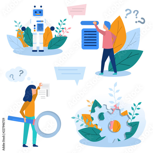Concept illustrations production robotization, technical revolution, scientific progress, programming, online settings, training, artificial intelligence. Color flat vector design set