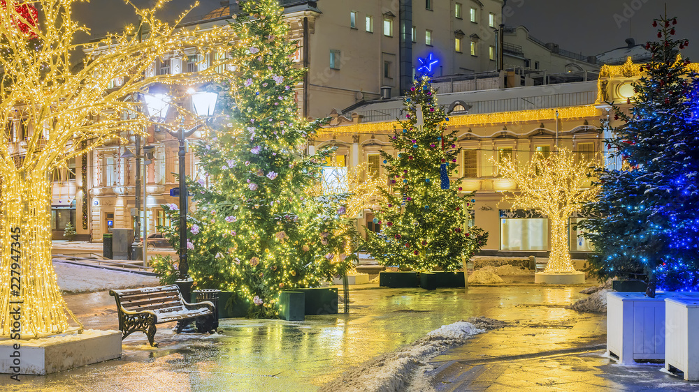 Christmas in Moscow. Festively decorated Kamergersky lane in Moscow