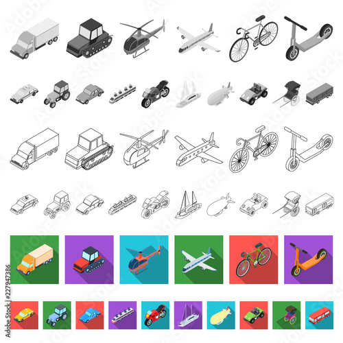 Different types of transport flat icons in set collection for design. Car and ship isometric vector symbol stock web illustration.