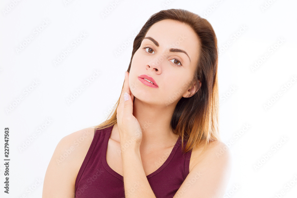 Macro Woman face with no wrinkles on forehead. Skin care and spa face beauty. Cosmetology facial treatment and anti aging concept. Copy space Macro Woman face with no wrinkles on forehead. Skin care and spa face beauty. Cosmetology facial treatment and anti aging concept. Copy space