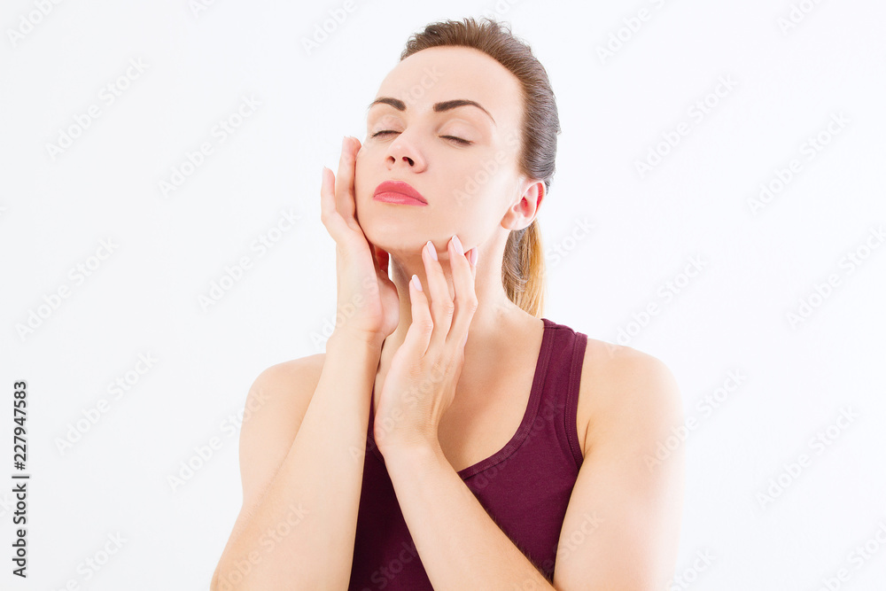 Macro Woman face with no wrinkles on forehead. Skin care and spa face beauty. Cosmetology facial treatment and anti aging concept. Copy space Macro Woman face with no wrinkles on forehead. Skin care and spa face beauty. Cosmetology facial treatment and anti aging concept. Copy space