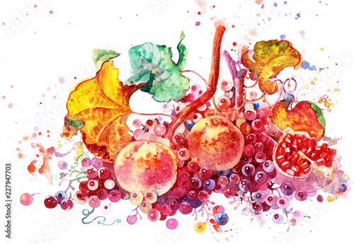 Fruit on white background, beautiful watercolor illustration. Bright and expressive painting. Fruit dessert. Handmade watercolors.