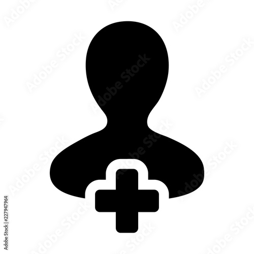Profile icon vector male add user person avatar with plus symbol in flat color glyph pictogram illustration