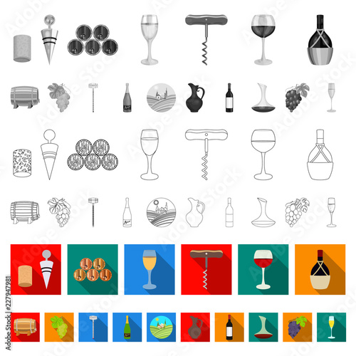 Wine products flat icons in set collection for design. Equipment and production of wine vector symbol stock web illustration.