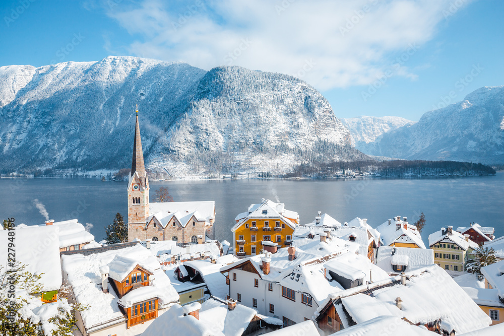 Hallstatt village in winter, Salzkammergut, Austria