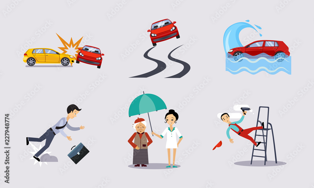 Insurance and risk insured events set, road accidents, health and life protection vector Illustration