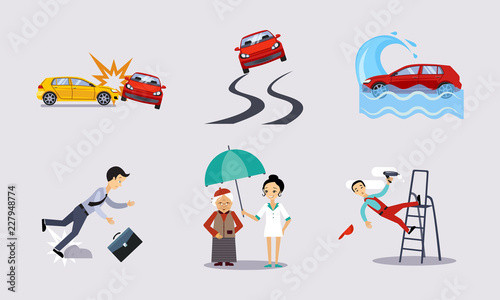 Insurance and risk insured events set, road accidents, health and life protection vector Illustration