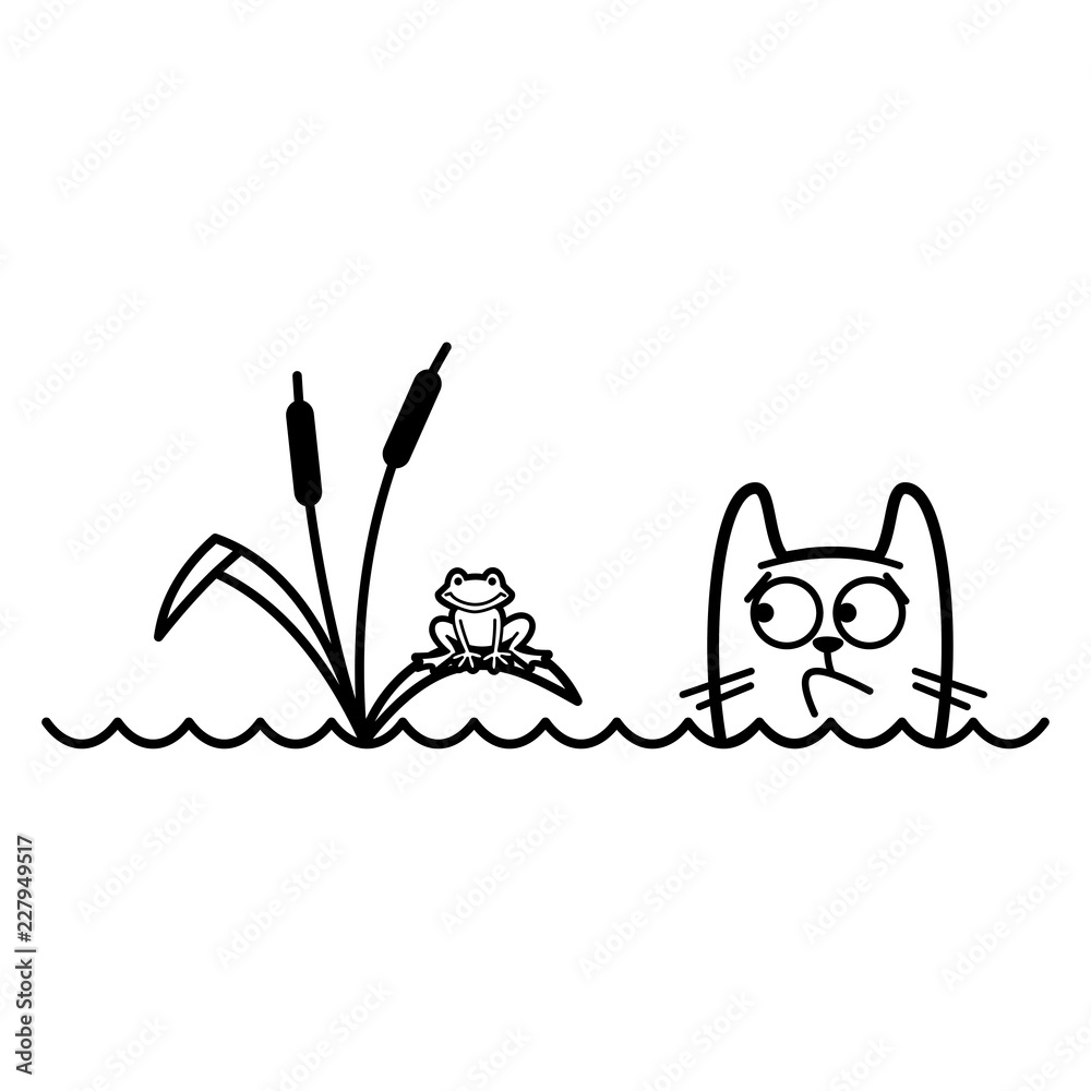Cat Cartoon character Coloring page Black and white Stock Vector