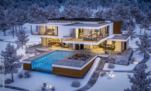3d rendering of modern cozy house by the river with garage. Cool winter night with cozy warm light from windows. For sale or rent with beautiful mountains on background