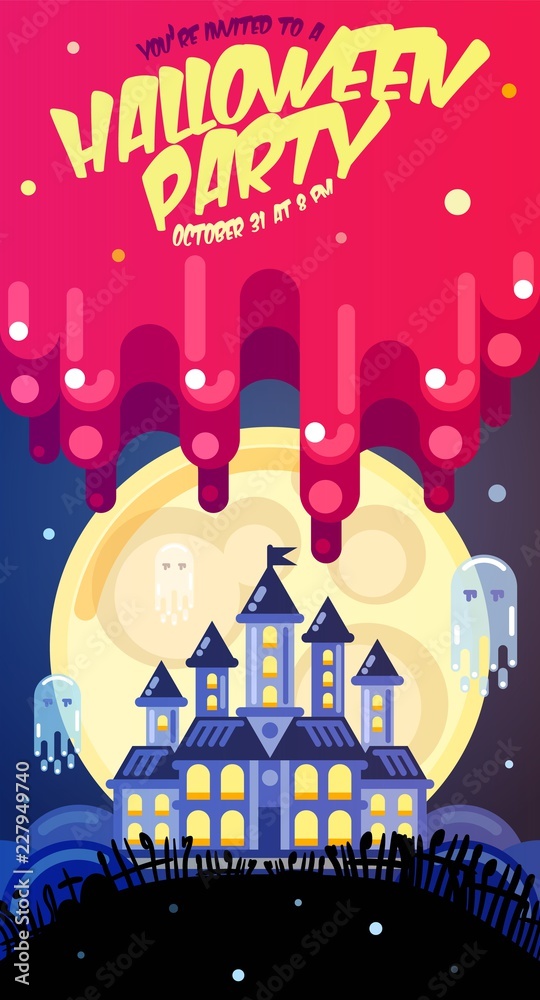 Halloween poster with castle, ghosts, full moon and blood spills. Invitation template for Halloween party. Flat vector illustration.