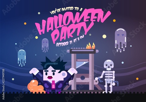 Halloween poster with guillotine, ghosts, skeleton and dracula. Invitation template for Halloween party. Flat illustration.