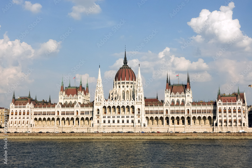 Hungarian Parliament Building in the evening at the Danube river in Budapest, Hungary
