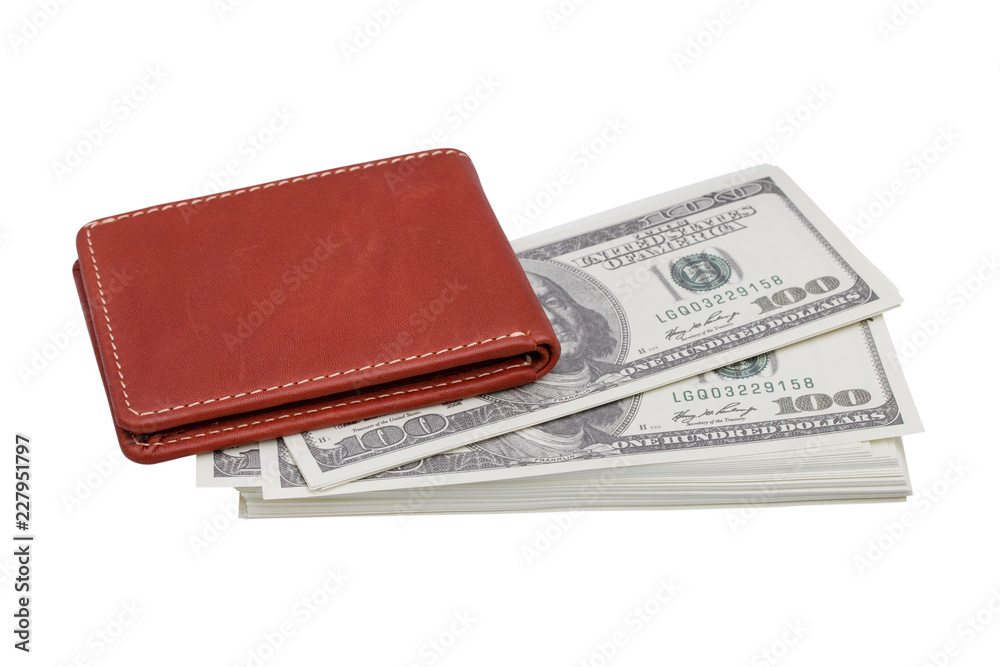 Brown wallet with money isolated on white background - clipping paths Brown wallet with money isolated on white background - clipping paths