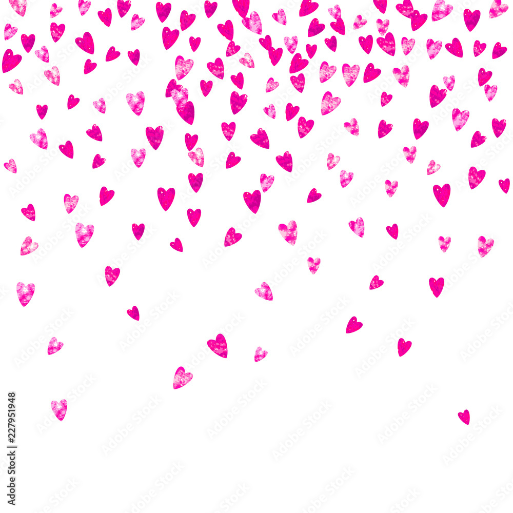 Heart border background with pink glitter. Valentines day. Vector confetti. Hand drawn texture. Love theme for gift coupons, vouchers, ads, events. Wedding and bridal template with heart border.