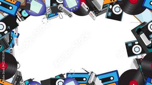 Frame from old retro hipster electronics, mobile phones, TV, tape recorder, player, audio cassettes, VCR, game console, camera, computer. The background. Vector illustration