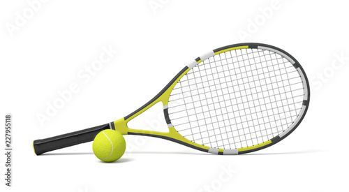 3d rendering a single tennis racquet lying with a yellow ball on white background. © gearstd