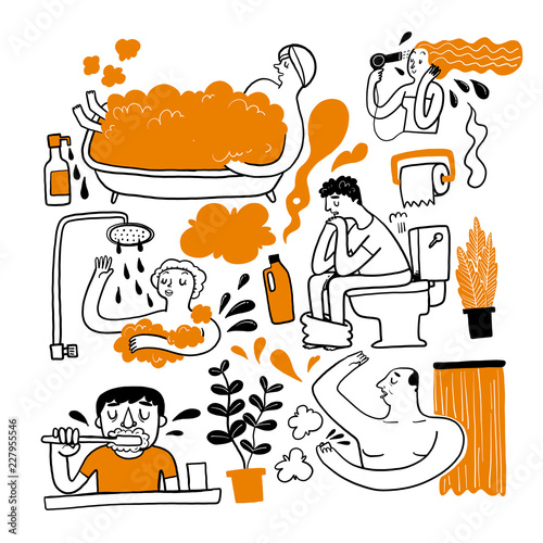 A personal errand in the bathroom. Collection of hand drawn Vector illustration in sketch doodle style.