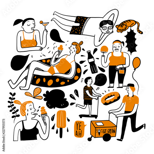 The daily use In the heat of summer. Collection of hand drawn, Vector illustration in sketch doodle style
