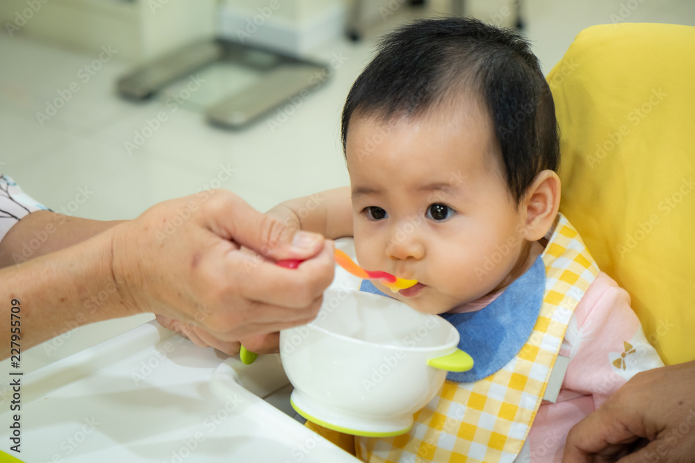feeding 6 months asian baby girl on high chair.Traditional Weaning feeding 6 months asian baby girl on high chair.Traditional Weaning