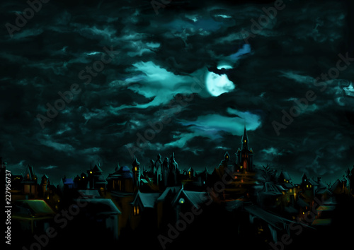 Mystical night over the medieval gothic town/ Illustration a fantasy town night scape with lights, sky with the moon and clouds on the background 