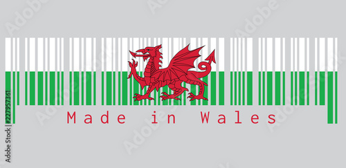 Barcode set the color of Wales flag, consists of a red dragon passant on a green and white field. text: Made in Wales. concept of sale or business.