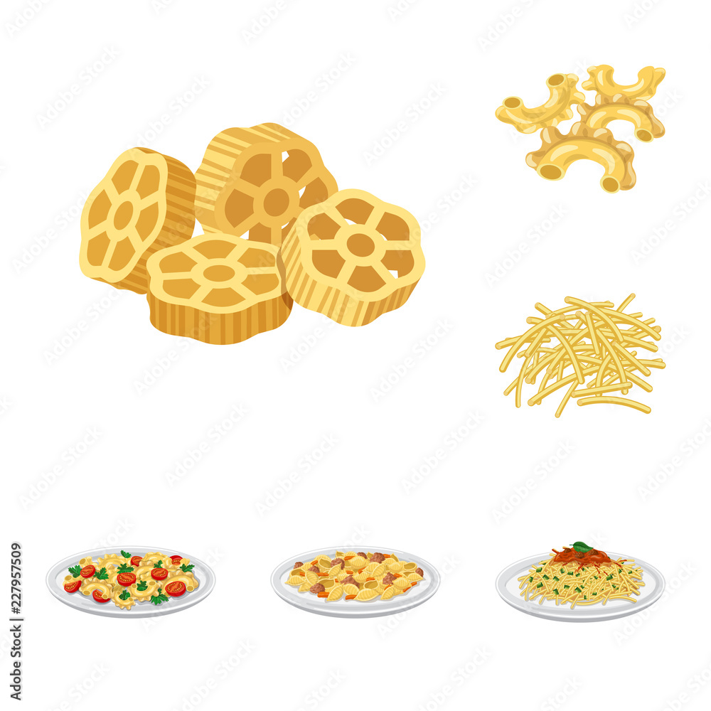 Isolated object of pasta and carbohydrate icon. Set of pasta and macaroni stock vector illustration. Isolated object of pasta and carbohydrate icon. Set of pasta and macaroni stock vector illustration.