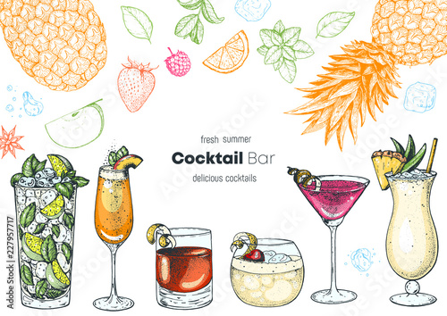 Alcoholic cocktails hand drawn vector illustration. Cocktails set. Menu design elements.