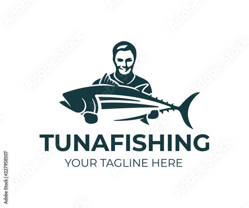 Fishing, fisherman holds tuna fish, logo design. Fishing sport club and angler, nature, animal and underwater life, vector design and illustration